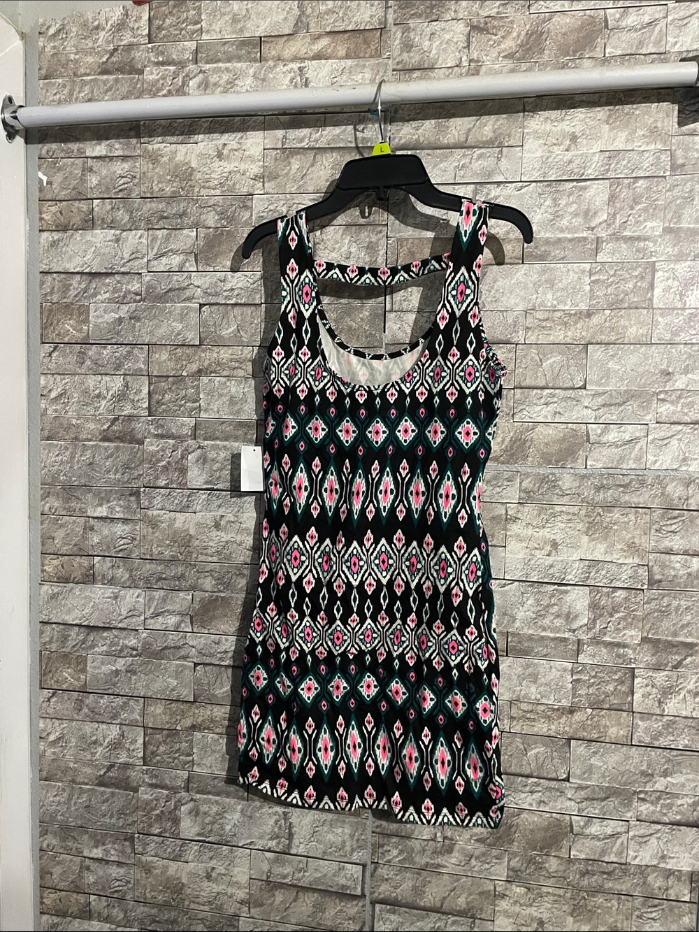 Charlotte Russe Black Mini Dress with Pink & Teal Geometric Print
